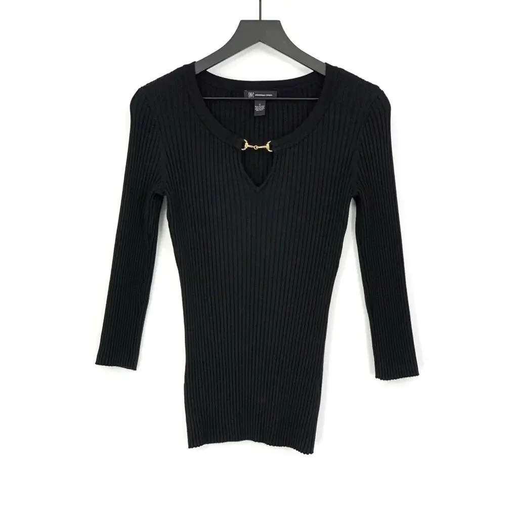 INC International Concepts Horse-bit Ribbed Sweater Black S